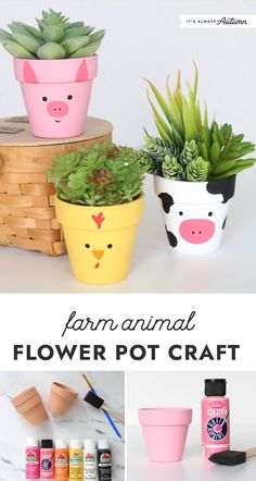 some potted plants and other items with the words farm animal flower pot craft