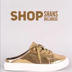 Metallic,True To Size. New In Box Gold Synthetic Sneakers For Summer, Gold Synthetic Summer Sneakers, Gold High-top Sneakers With Perforated Toe Box, Gold Slip-on Sneakers With Cushioned Footbed, Chic Gold Mules With 4-inch Heel, Neon Sneakers, Rainbow Sneakers, White High Tops, Metallic Sneakers