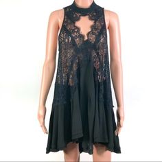 Free People Black Lace Sleeveless Dress Size M New With Tag Polyester Blend Brand New Flounce Hem Cut-Out Detail Flat Measurements Armpit To Armpit 20” Waist 22” Length 33” Materials 36% Rayon 33% Polyester 31% Nylon Item Number 88dc010 Black Racerback Dress, Black Stretch Mini Dress With Racerback, Black Flowy Sleeveless Dress, Black Stretch Racerback Mini Dress, Black Stretch Racerback Dress, Flirty Sleeveless Dress With Lace Trim, Casual Black Racerback Dress, Black Sleeveless Lace Mini Dress, Flowy Sleeveless Lace Mini Dress