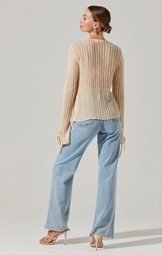 Sheer striped sweater V neckline Long bell sleeves Tie enclosure Dry clean only Indah Clothing, Tie Front Sweater, Fawn Design, Stitch Sweater, Ladder Stitch, Astr The Label, Cream Sweater, Mini Dress Shop, Swimwear Sale