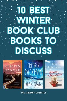 the best winter book club books to discuss in front of a blue background with snowflakes