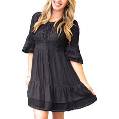 Elevate your style with the Anna-Kaci Women's Boho Peasant Floral Lace Ruffle Hem Bell Sleeve Mini Dress. Embrace the timeless charm of the peasant boho look with this enchanting dress. Adorned with romantic details including ruffled hems, bell sleeves, lace panels, crochet trim, and a delicate string tie, this dress exudes femininity and grace. Perfect for any occasion, you can effortlessly dress it up or down with a range of accessories. From sunny summer days paired with sandals and sunhats t Black Peasant Dress For Spring, Black Fitted Boho Dress For Spring, Fitted Black Boho Dress For Spring, Black Peasant Dresses, Black Peasant Dress For Summer, Black Dress Boots, Bell Sleeve Mini Dress, Enchanting Dress, Boho Look