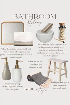 the bathroom is shown with all kinds of items to use in this design scheme, including soap dispenser, toothbrush holder, brush and mirror