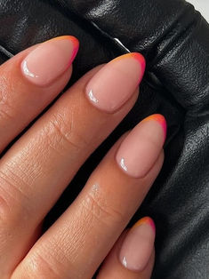 hot pink nails: with peach French tips Bright Pink Manicure, Holiday Nail Inspo Summer Short, Nude And Hot Pink Nails, Short Almond Nails Summer French Tip, Hot Pink Nail Polish, Coral Nails With Design, Neon Green Nails, Beachy Nails, Nails Trend