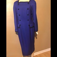 100% Rayon, Double Breasted Faux Buttons And Pockets. Armpits 20” Waist 17” Length 46” Navy Long Sleeve Midi Dress For Formal Occasions, Royal Blue Long Sleeve Midi Dress For Formal Occasions, Royal Blue Long Sleeve Midi Dress For Formal Events, Royal Blue Long Sleeve Formal Midi Dress, Spring Career Dress With Long Sleeves, Classic Blue Dress For Evening, Blue Fitted Career Dress, Classic Blue Evening Dress, Classic Fitted Blue Midi Dress