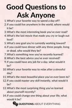 Looking for good questions to ask that spark engaging conversations? Whether you’re chatting with friends or meeting someone new, these questions will keep the conversation flowing. From deep topics to fun and random talking points, we’ve got you covered!   Pin this now for great conversation starters and save it for later when you need a fresh idea! Things To Start A Conversation With Your Crush, How To Make Small Talk, How To Keep A Conversation Going, Fast Talk Questions, Small Talk Questions, Deep Topics, Good Questions To Ask