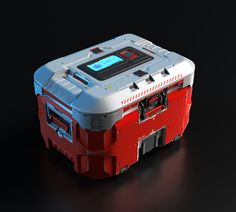 a red and white cooler sitting on top of a black table