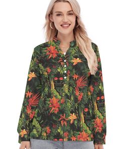 Embark on a journey through darkness and mystery with our Goth Women's Long Sleeve Blouse. This unique garment features intricate tropical foliage intertwined with evil tikis, creating a bold and edgy design. The long sleeves offer both style and comfort, making it a versatile piece for any occasion.  Indulge in the luxurious comfort of our premium fabric women's shirt collection. Crafted from lightweight, soft polyester, these shirts offer a breathable and wrinkle-free experience. With long sle Tropical Print Long Sleeve Tops, Long Sleeve Tropical Print Top, Tropical Long Sleeve Blouse For Vacation, Multicolor Long Sleeve Tropical Blouse, Multicolor Tropical Long Sleeve Blouse, Tropical Multicolor Long Sleeve Blouse, Green Long Sleeve Top With Tropical Print, Long Sleeve Hawaiian Top With Tropical Print, Hawaiian Long Sleeve Tops With Tropical Print