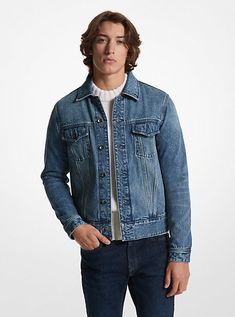 The closet staple that just gets better, wear after wear. This trucker-style denim jacket features classic styling, including front pockets balanced with welt seams for maximum utility. Throw it on over fall knits and summer T-shirts alike. Button-up Denim Jacket For Casual Gatherings In Fall, Fall Denim Jacket With Pockets For Casual Gatherings, Casual Medium Wash Outerwear With Flap Pockets, Classic Relaxed Fit Medium Wash Denim Jacket, Classic Medium Wash Outerwear With Patch Pockets, Classic Denim Relaxed Fit Outerwear, Classic Denim Blue Jacket With Relaxed Fit, Classic Denim Blue Jacket In Relaxed Fit, Classic Denim Outerwear With Relaxed Fit