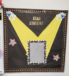 a star student bulletin board with an airplane theme on the front and bottom panel in black, white, and yellow