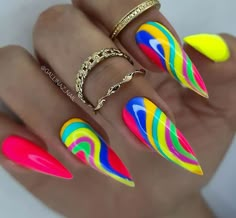 Stiletto Nails Designs Summer, Nike Ideas, Summer Nailart, Retro Nails, Spring Acrylic Nails, Colorful Nail, Fancy Nails Designs, Easy Nails, Stiletto Nails Designs