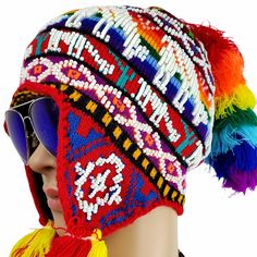 Hat Chullo Beanie Women Motocross Extreme Sport, From The Andes To Your Home Wool Organic 2001m Handmade Deluxe Andean Style Hat With Ear Flaps Decorated With Beads All Around. Size Adult Fun And Unique Alpaca Blend This Piece Is Handmade. Multi-Color With Alpaca And Pre Columbian Designs Full Of White Bead Made By Indigenous From The Andes, The Colors Are Made From Native Plants And Roots. The Colors Are Organic, Which Gives A Unique Touch Of Art. Hat With Ear Flaps, Extreme Sport, Motocross Racing, Organic Colors, Hat Beanie, Ear Hats, Knitting Charts, Extreme Sports, White Beads