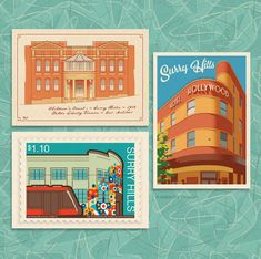 three stamps with buildings on them