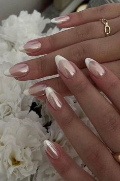 Ballet French Tip Nails, White French Tip With Chrome, White French Tip Chrome, Paznokcie Hello Kitty, Hoco Nails, Kutek Disney, Chrome Nails Designs, Makijaż Smokey Eye