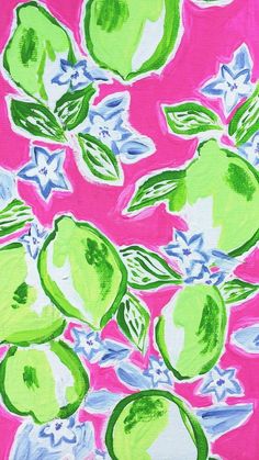 an apple painting with green apples and blue flowers on a pink background in the middle