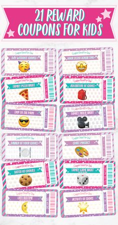 reward coupons for kids with cute emoticions on the front and back side