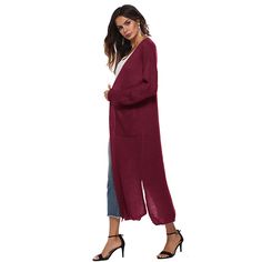 Wine Red Split Long Cardigan with Pockets Long Maroon Cardigan Outfit, Burgandy Cardigan Long Outfit, Long Red Cardigan, Red Knitted V-neck Outerwear, Red V-neck Cardigan With Pockets, Cardigan With Pockets, Winter Sweaters, Long Cardigan, Wine Red