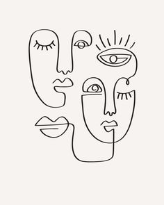 a drawing of three faces and a butterfly