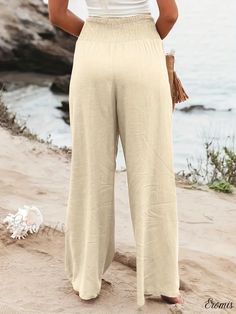 Eromis - Chic Solid Color Wide Leg Pants with Elastic Waistband for Women - Perfect for Spring & Summer Casual Wear Color Wide Leg Pants, Elegant Fabric, Summer Casual, Leg Pants, Wide Leg Pants, Casual Wear, Wide Leg, Solid Color, Elastic