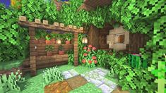 the inside of a minecraft house with lots of plants and flowers on the walls