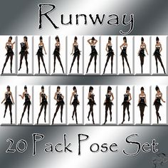 various poses for the runway in black and white, with text that reads runway 20 pack set