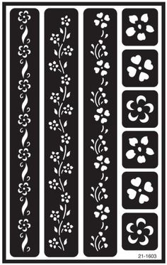 the stencil sheet is shown with flowers and hearts on it, as well as four