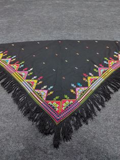 Antique handmade embroidery shawl,  This hand embroidered triangle shawl has patterns made with colored cotton threads on a black cotton background and has very fine workmanship. It is in original size and made in triangular form to be worn on the shoulder. *Handmade *Cotton *Perfect condition Sizes :  Top edge : 72 inches, 184 cm Lower two edges : 43 inches, 110 cm Shawl Embroidery, Embroidery Shawl, Textile Embroidery, Cotton Background, Triangle Shawl, 15% Off Sale, Triangle Shawls, Handmade Textiles, Handmade Embroidery