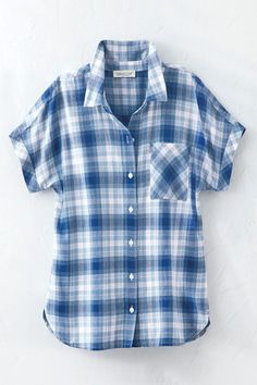 From lakeside to barbecues, this indigo plaid shirt is ready for summertime. A crossover pleat below the back yoke creates an easy fit. Cuffed, dolman cap sleeves, curved hem. | Women's Riverside Plaid Top - India Ink Multi - 1X - Plus Size Plaid Short Sleeve Beach Top, Summer Plaid Relaxed Fit Shirt, Plaid Relaxed Fit Shirt For Summer, Relaxed Fit Plaid Shirt For Summer, Summer Plaid Shirt For Casual Gatherings, Summer Short Sleeve Plaid Tops, Plaid Tops For Everyday Summer Wear, Everyday Plaid Summer Tops, Plaid Top