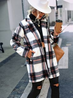 Women's Cardigan Long Sleeve V-Neck Long Lapel Warm Fleece Plaid Jacket Cropped Plaid Jacket, Plaid Jacket Outfit, Jacket Outfit Women, Fleece Plaid, Longline Jacket, Plush Coat, Plaid Coat, Jacket Outfit, Cardigan Long