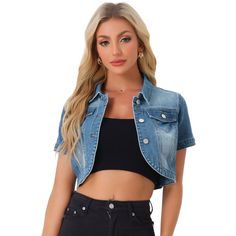 The relaxed fit and effortlessly cool vibe of this crop jean jacket instantly elevate any outfit. Whether you're heading to brunch, a music festival, or a casual night out, this jacket will effortlessly complete your look. This jacket is incredibly versatile and can be easily paired with any outfit. Layer it over a sundress for a cute and casual look or throw it on with jeans and a t-shirt for an effortless everyday style. Dark Wash Short Sleeve Denim Jacket For Spring, Short Sleeve Dark Wash Denim Jacket For Spring, Spring Dark Wash Denim Jacket With Short Sleeves, Spring Cropped Light Wash Denim Vest, Spring Light Wash Cropped Denim Vest, Cropped Denim Blue Denim Jacket For Summer, Trendy Cropped Cotton Denim Vest, Short Sleeve Denim Vest For Spring, Cropped Denim Blue Jacket For Summer