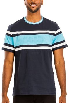 Three stripe t-shirt Cotton Casual Cotton T-shirt With Contrast Stripes, Sporty Striped T-shirt For Summer, Blue Short Sleeve T-shirt With Contrast Stripes, Blue Cotton T-shirt With Contrast Stripes, Casual Blue Shirt With Contrast Stripes, Casual Blue Shirt With Signature Stripes, Blue Short Sleeve Tops With Signature Stripes, Blue Short Sleeve Top With Signature Stripes, Relaxed Fit Striped Hem T-shirt For Summer