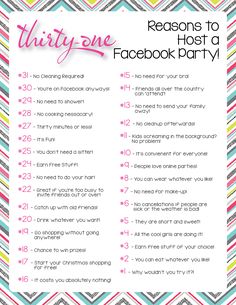 a printable party checklist with the words thirty one, facebook party on it