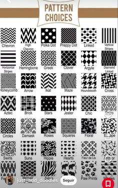 a large collection of different patterns in black and white, with the words pattern choices below