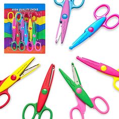 scissors are arranged in a circle on a white surface with an ad for high quality shears