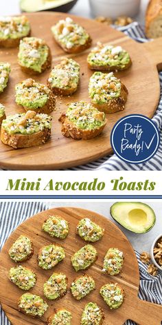 mini avocado toasts on a wooden cutting board with other appetizers