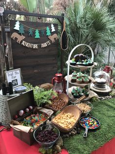 an outdoor dessert table is set up with food and snacks for guests to eat at