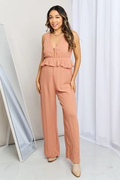 Sleeveless Wide Leg Peplum Jumpsuit – Via Vay Boutique Casual Chic Classy, Peplum Jumpsuits, Yellow Jumpsuit, Style Casual Chic, Peplum Styling, Plunge Neckline, Plunging Neckline