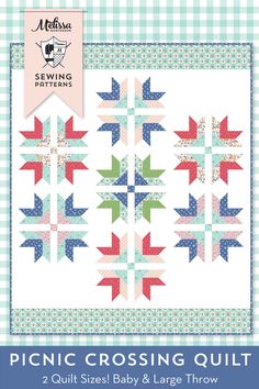 the picnic crossing quilt pattern is shown in red, white and blue with an arrow on it