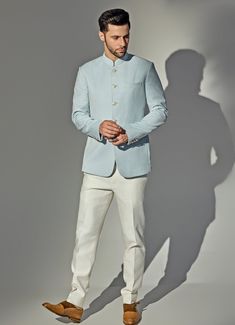 Light Blue Bandhgala Jacket Set Chatenya Mittal - Fabilicious Fashion Sky Blue Jodhpuri For Men, Men Wedding Reception Outfit, Kurta Nehru Jacket Men, Bandh Gala Men, Mens Wear Wedding Receptions, Reception Look For Men, Engagement Dress For Men Mens Fashion, Men’s Engagement Outfits, White Jodhpuri Suit Men