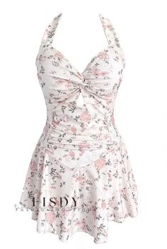 Fisdy - Traje de baño de una pieza con estampado floral y escote halter para mujer menuda, que realza el efecto adelgazante High Waist Bathing Suit, Cute Swimwear, Dress Swimsuit, Neck Flower, High Waisted Bathing Suits, Middle Age Fashion, Halter One Piece Swimsuit, Swimsuit Dress, Petite Women