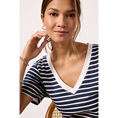 Girlfriend V Neck Tee Casual V-neck Top With Striped Collar, Striped Cotton V-neck T-shirt, Everyday Tops With Striped Collar For Summer, Summer V-neck Top With Striped Collar, Summer V-neck Tops With Striped Collar, Summer Tops With Striped Collar For Everyday, Summer Everyday Tops With Striped Collar, Summer Striped Collar V-neck Top, Chic Striped T-shirt For Summer