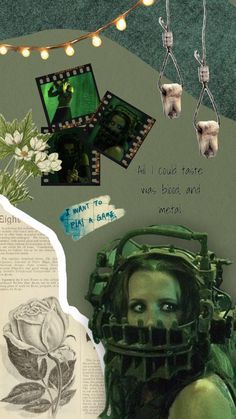 an altered photograph of a woman with green paint on her face and flowers in the background