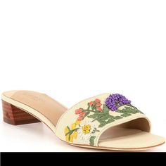 Gorgeous Canvas Upper Floral Slides. Approximately 1” Heel. Leather Lined And Sole Is % Leather. Padded Insole Lining. Never Worn. Perfect For The Summer Size Is 5.5b. Nwt Casual Embroidered Heels For Spring, Embroidered Block Heel Sandals For Spring, Closed Toe Sandals With Floral Embroidery For Spring, Floral Embroidered Closed Toe Sandals For Spring, Floral Embroidery Closed Toe Sandals For Spring, Ralph Lauren Sandals, Floral Canvas, Ralph Lauren Shoes, Lauren Ralph Lauren