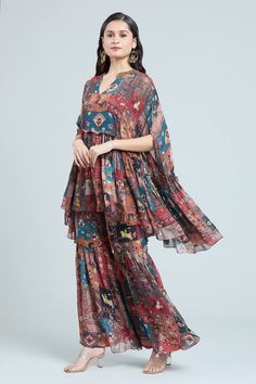 Multi colored semi-kaftan top with Mughal art painting inspired figurine, horse and Persian carpet prints. Comes with coordinating printed sharara and solid inner slip. - Aza Fashions Top And Sharara Set, Printed Sharara, Mughal Art Paintings, Kaftan Top, Mughal Art, Mughal Paintings, Sharara Set, Embroidered Neckline, Persian Carpet