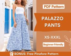 a woman in a blue and white dress with the words palazo pants xs - xxl beginner friendly