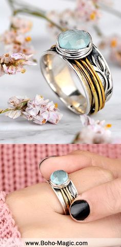 Sterling silver spinner ring Ring Jewellery Design, Raw Aquamarine, Fidget Rings, Handmade Wire Jewelry, Spinner Ring, Amazing Ideas, Spinner Rings, Aquamarine Gemstone, Handmade Wire