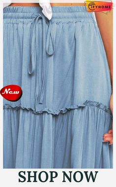 Blue Solid Layered Ruffled Drawstring High Waist Maxi Skirt Summer Tiered Maxi Skirt With Drawstring, Light Blue Tiered Maxi Skirt For Summer, Blue Drawstring Skirt For Spring, Spring Blue Drawstring Skirt, Blue Tiered Skirt For Summer, Casual Blue Ruffled Maxi Skirt, Casual Blue Maxi Skirt With Ruffles, Blue Ruffle Hem Skirt For Vacation, Blue Tiered Bottoms For Vacation