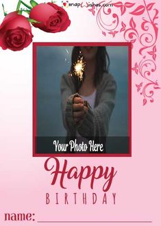 a pink birthday card with a photo and two red roses on the left hand side