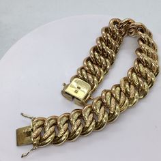 "Retro Art DecoThree Color 14K Gold Bracelet 1920-40s Vintage Jewelry 52.7 Gram 7 3/4 Inch 52.7 gram Hallmarked & \"585\", acid tested 14K gold  3/4 inch wide 7 3/4 inch 5/16 inch thick Well cared for, no damage, no abrasion, no scuff marks, functional, see pictures In excellent condition, no damage, no evidence of repairs, see pictures  American Made, 1940s, maybe earlier" Antique Polished Bracelets For Formal Occasions, Antique Gold Bracelet Stamped 14k, Antique 14k Stamped Gold Bracelet, Vintage 14k Gold Bracelet For Formal Occasion, Victorian Gold Hallmarked Bracelet, Antique 14k Gold Bracelets, Antique 14k Gold Bracelets In Gold, Vintage Gold Curb Chain Bracelet, Antique 14k Gold Hallmarked Bracelet