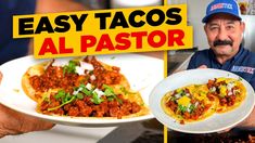 a man holding a plate full of tacos next to a sign that says easy taco's al pastor